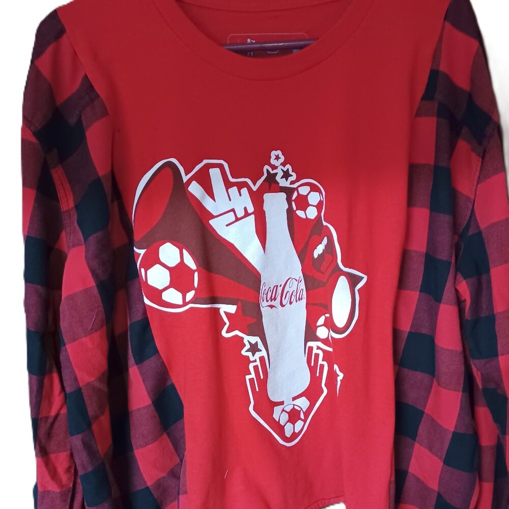 Upcycled remade Handmade Custom Flannel Plaid  red t-shirt Coca-Cola oversized